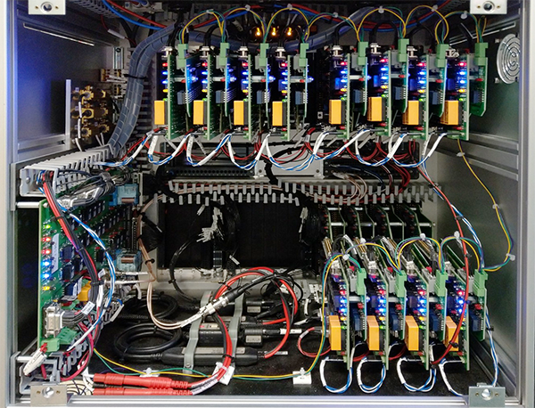 Figure 4 – Above is a front-end fixture for verifying BMS controller units against reference responder units (12 in this instance) that have already passed their functional verification tests. Each responder unit connects to two 6-channel battery simulator modules, meaning a total of 144 cells are being simulated.