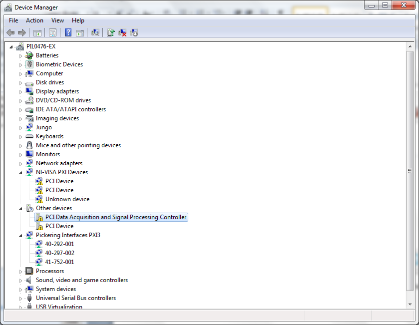Screenshot of Device Manager showing where Pickering cards are installed in Windows 7