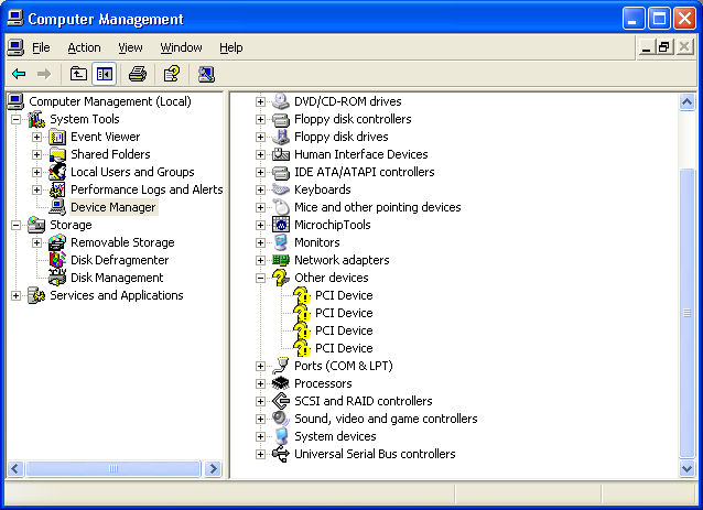 Screenshot of PCI device not installed