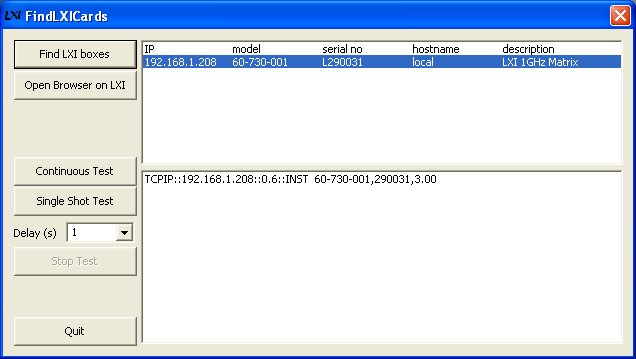Screenshot of the Find LXI cards tool
