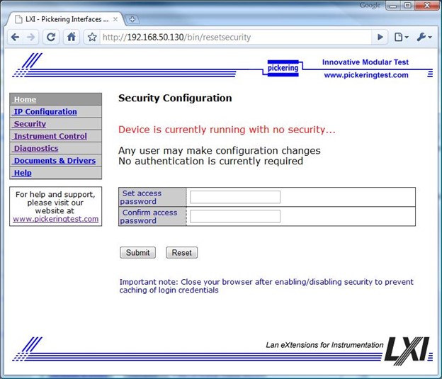 Screenshot of LXI login console