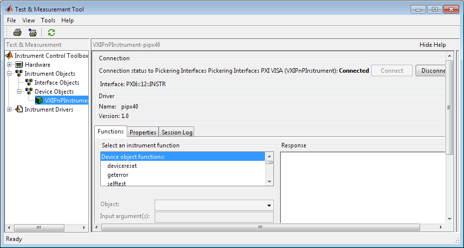 Screenshot of MATLAB with VXIPnPInstrument-Pipx40 visible