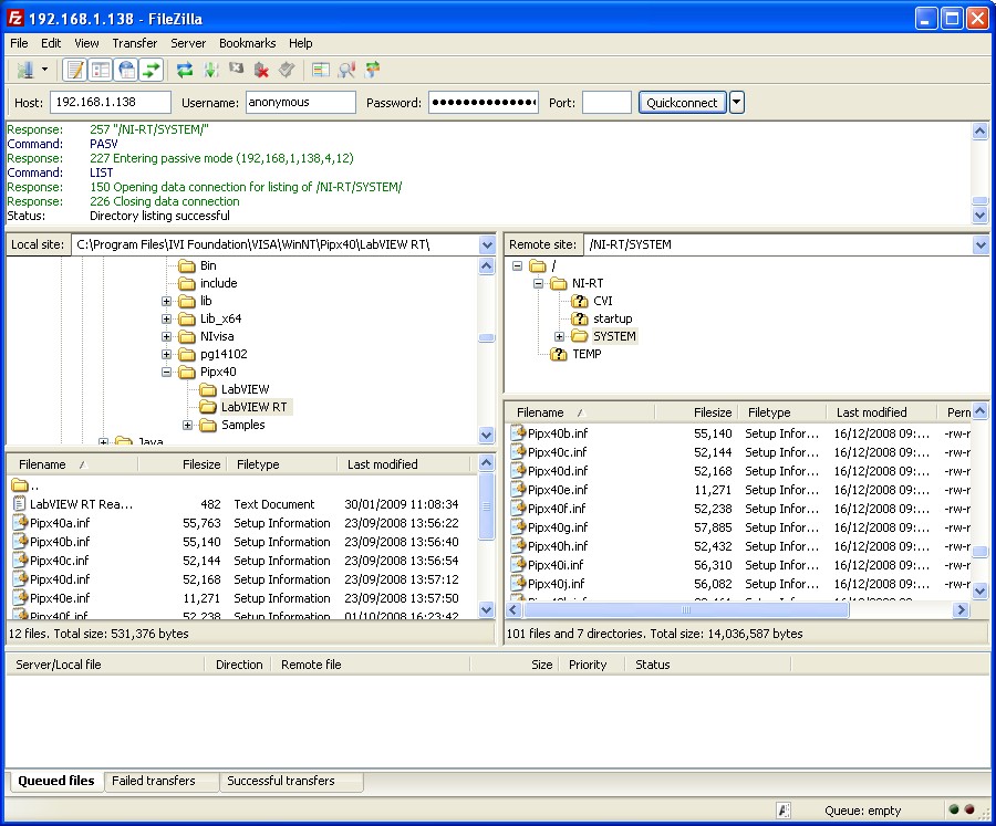 Screenshot of FileZilla copying the INF files
